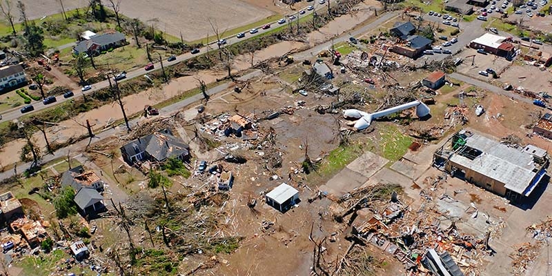 An ariel view of damage following a deadly tornado in Mississippi.