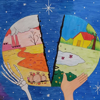 A colorful children's drawing of a planet experiencing the impacts of the climate crisis.